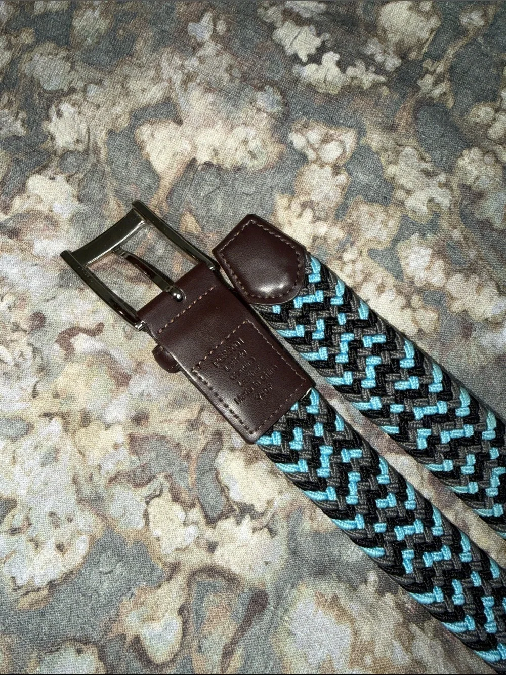 Men's Braided Elastic Belt with Brown Leather Trim - Blue/Black